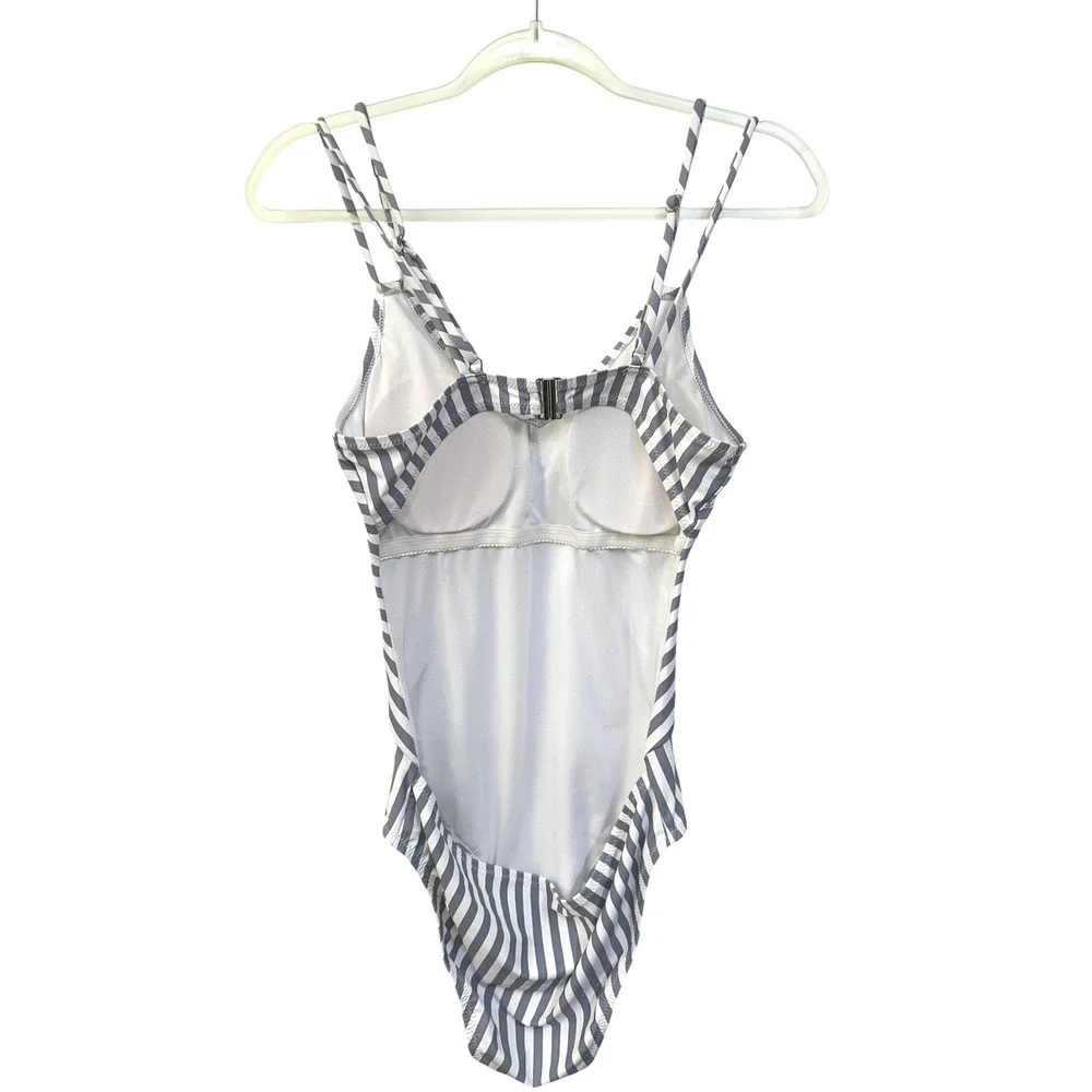 C‎ Apparel Grey White Striped One Piece Swimsuit V-Neck Open Back Size M